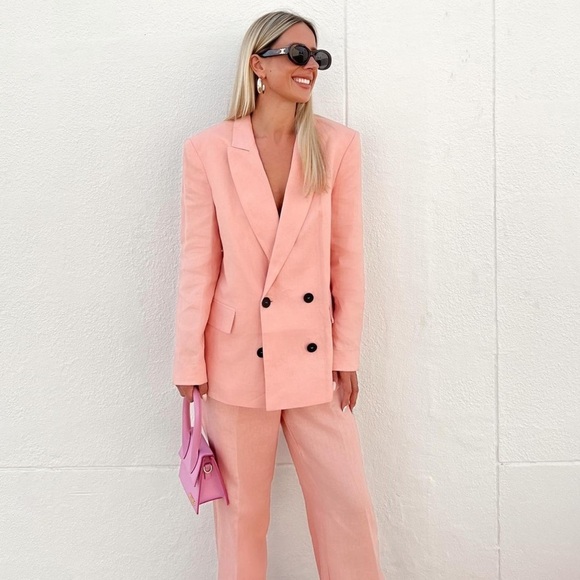 ZARA LINEN MENSWEAR STYLE BLAZER SZ M & LINEN PANTS PINK SZ L - Picture 14 of 16